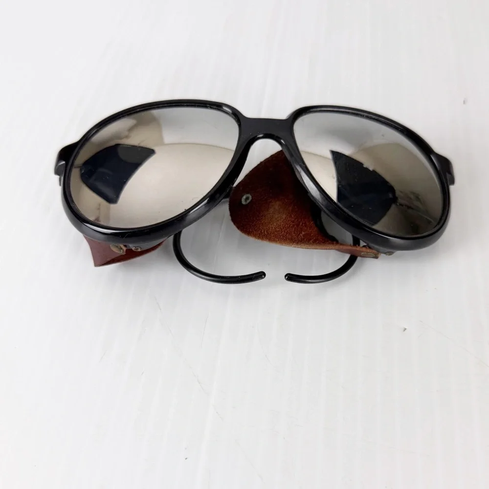 Vintage French Black Nylon Mirrored Sunglasses with Leather Blinders AS IS